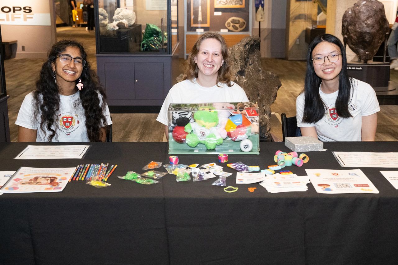 LDS members sit behind a table filled with toys and prizes.