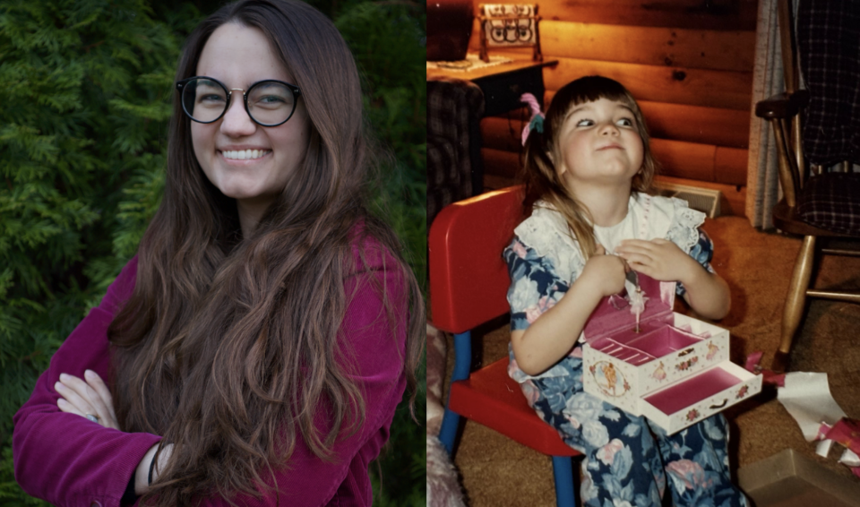 Amanda smiles at the camera as an adult on the left and as a child on the right